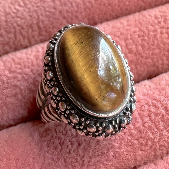 Vintage Tigers Eye Sterling Silver 925 Statement Ring Rope Details Boho Bohemian - Picture 13 of 17
